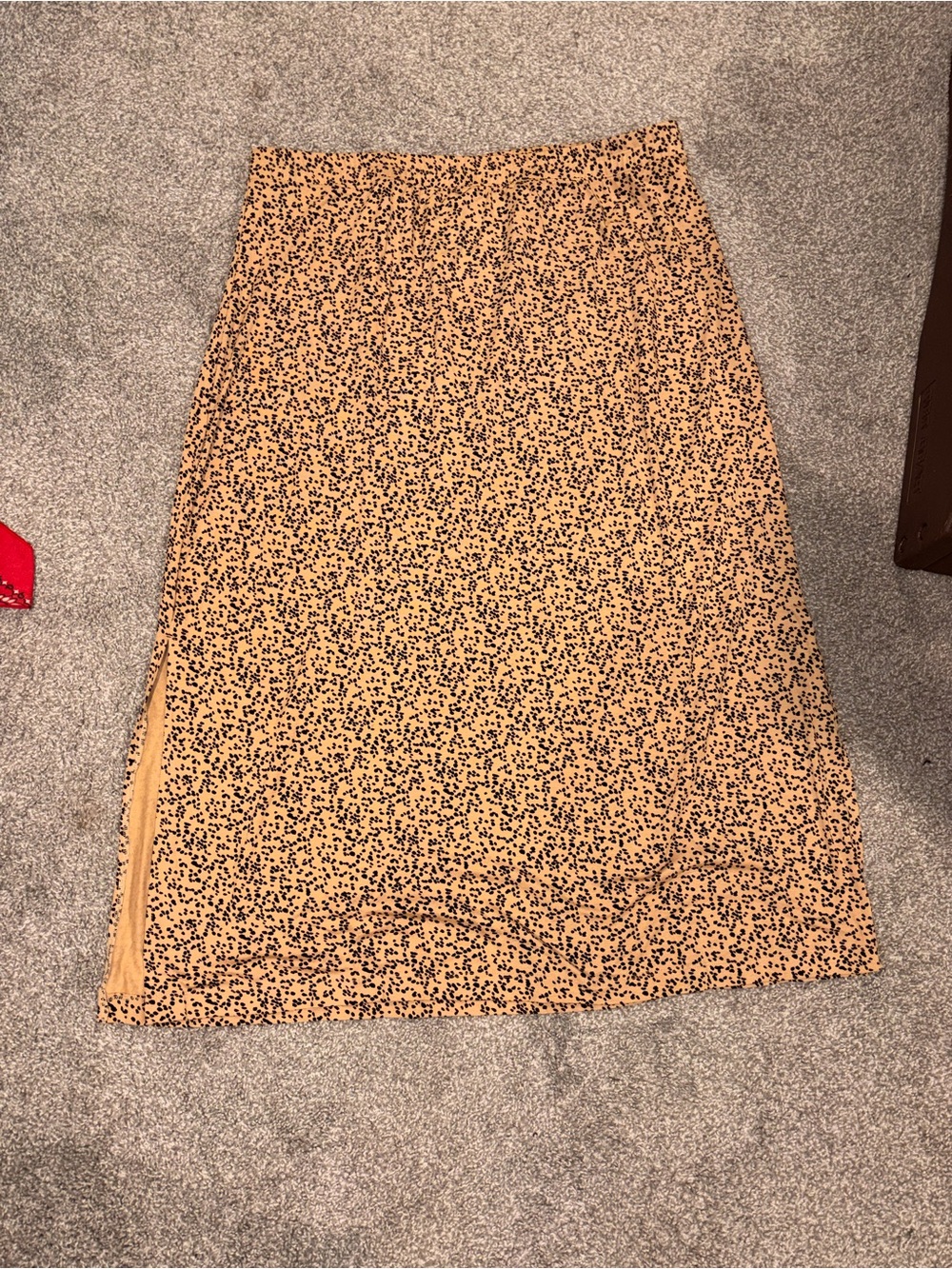 Amazon Essentials Tan Midi Skirt with Black Floral Dot Print